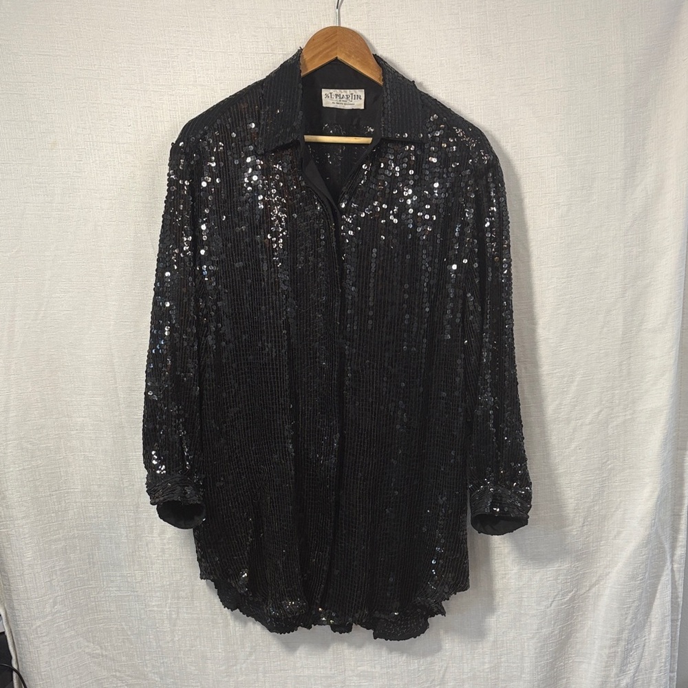 Vintage 1985 St. Martin Sequin Button‑Down Tunic – Black – Rare